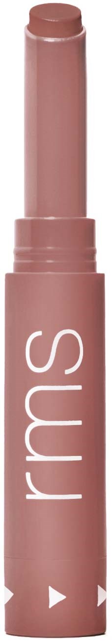 A pink lip balm stick with the word "rms" on the side. The top is slightly twisted up.