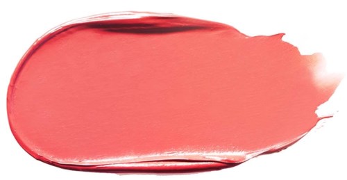 A brush stroke of pinkish-red paint on a white background.