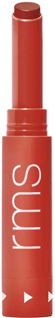 Red lip balm in a tube with white text reading "rms". Lip balm tip extended for use.