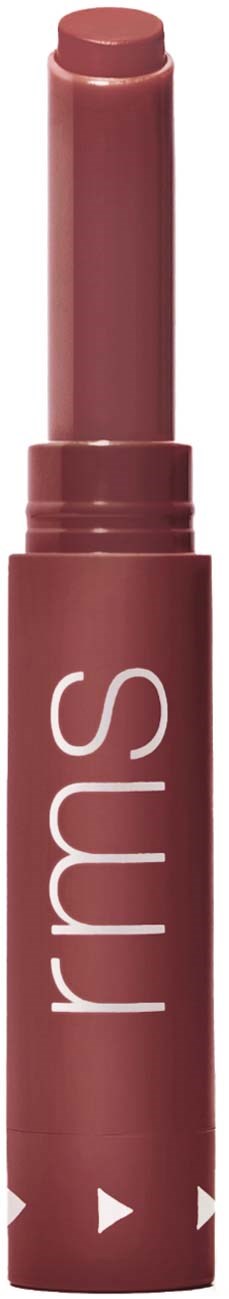 A lipstick in a muted pink shade with a simple design and the brand name 'rms' on the tube.