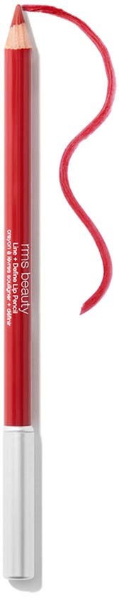 A red lip liner pencil with a curved red line drawn on black background.