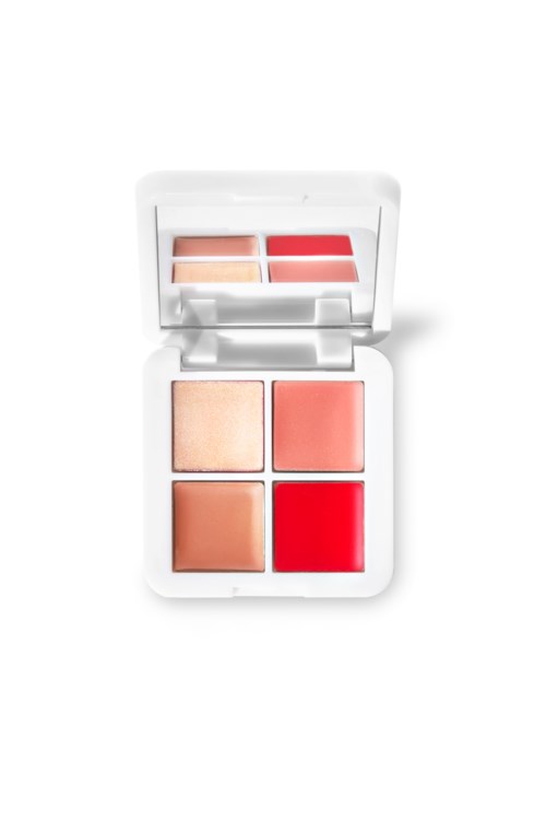 En liten makeup-palett med fyra olika nyanser av rött och beige, öppen för att visa färgerna.