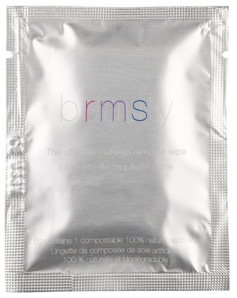 A silver makeup remover wipe packet with the brand name 'brmsy' on it.