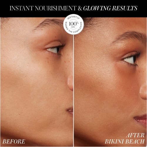 Side-by-side comparison showing skin improvement and glow after using a product from Bikini Beach.
