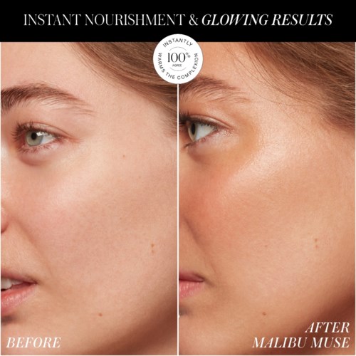 A skincare product claims to instantly nourish and give a glowing skin result, showing a before and after of a woman's face.