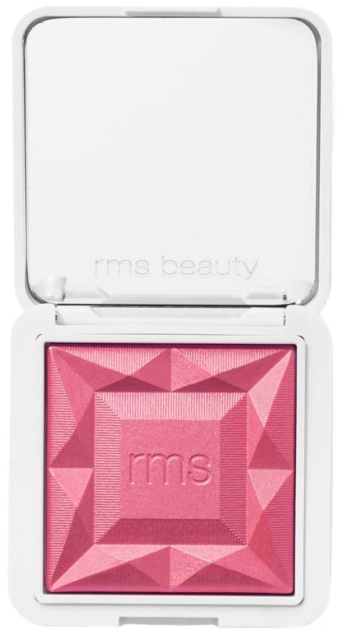 Ein rosa Blush-Puder mit einem geometrischen, juwelenähnlichen Muster in einer weißen Hülle.