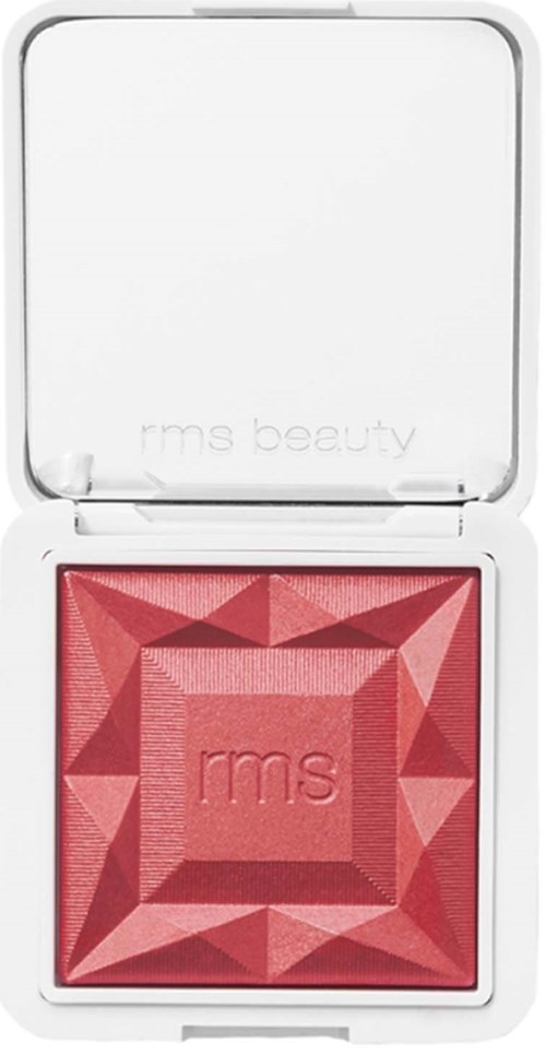 En makeup blush med geometriske mønstre i en hvid kompakt case.