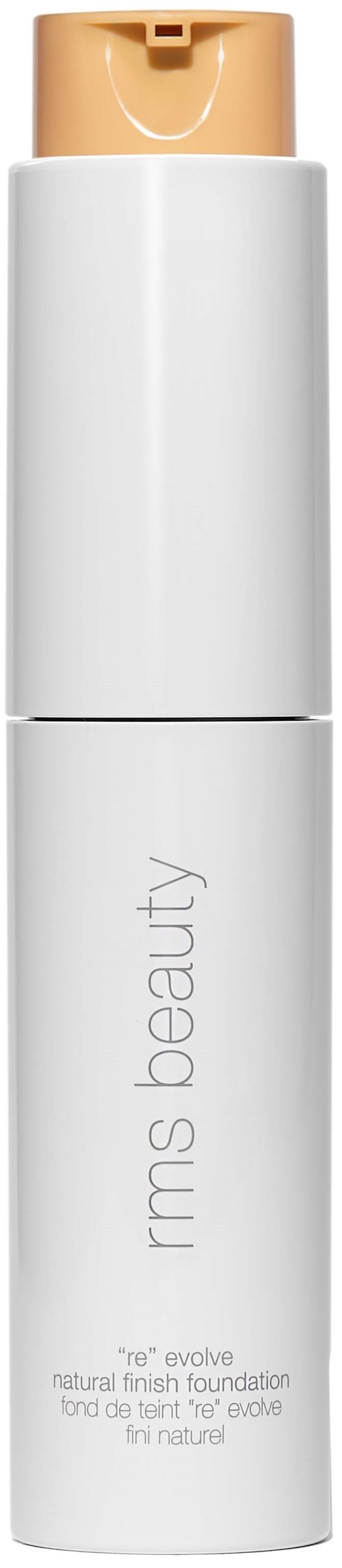 Valkoinen piippumainen pullo, jossa beige korkki, merkinnät 'rms beauty' ja 'natural finish foundation.'