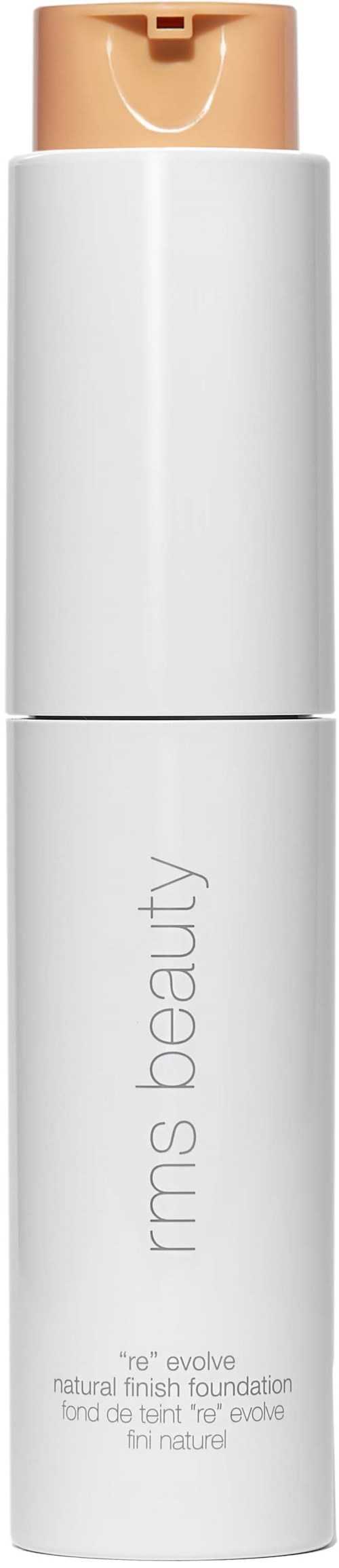 A tall, white bottle with a pump, labeled RMS Beauty, containing natural finish foundation makeup.