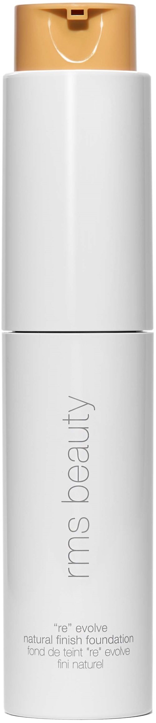 Eine weiße Flasche mit beigem Deckel, beschriftet mit 'rms beauty' und 'natural finish foundation'.
