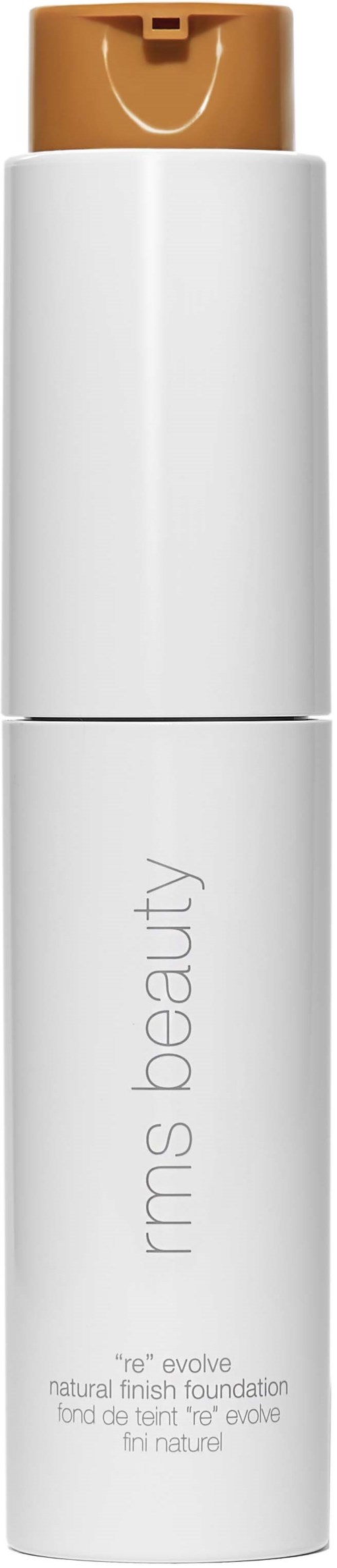 A white bottle with a brown cap, labeled 'rms beauty' and 're evolve' for natural foundation makeup.