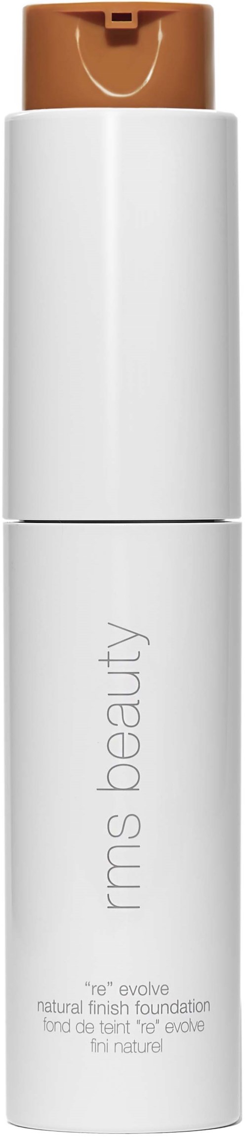 Eine weiße Flasche mit braunem Pumpspender, beschriftet mit 'rms beauty' und 'natural finish foundation'.