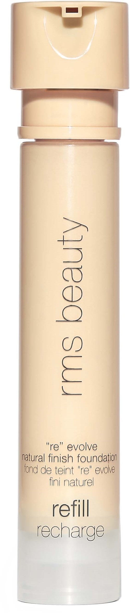 Eine lange, weiße zylindrische Flasche mit 'IMS Beauty' Beschriftung für Nachfüllung, mit beigem Deckel, für Flüssigfoundation.