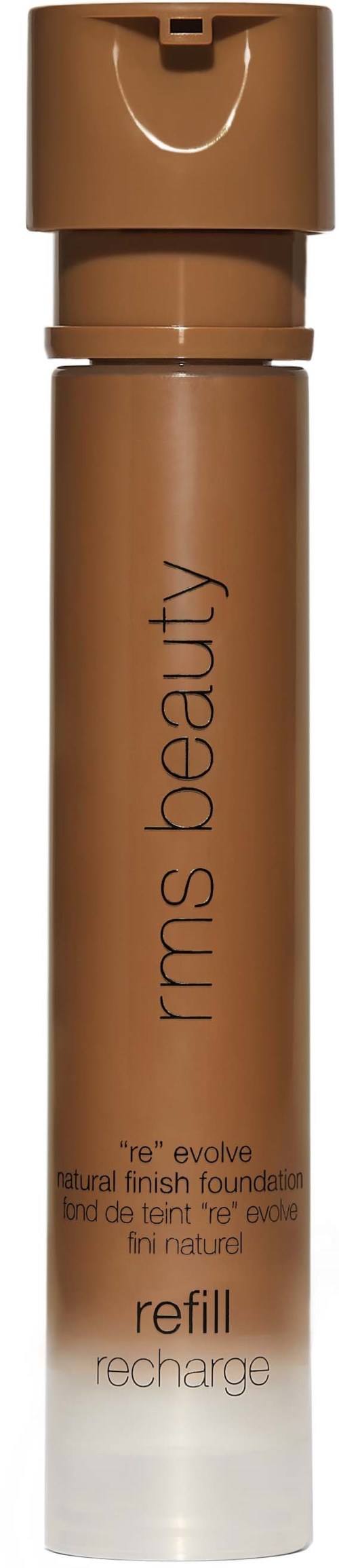 En sylinderformet flaske med brunt lokk og lys brun kropp, merket "kms beauty" og "refill".