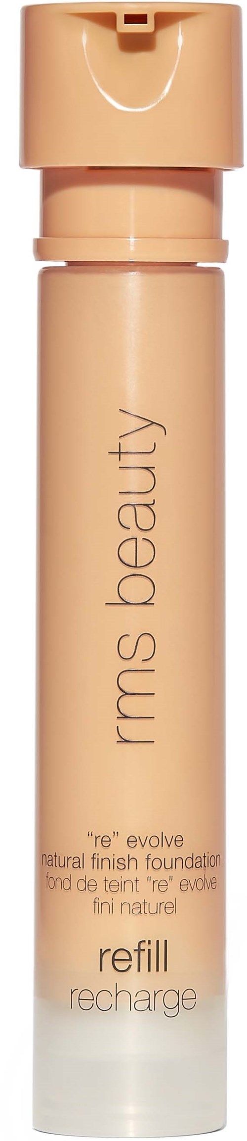 Een lange, beige cilindervormige fles met een flip-topdop, gelabeld 'irmes beauty' en 'refill' voor make-up foundation.