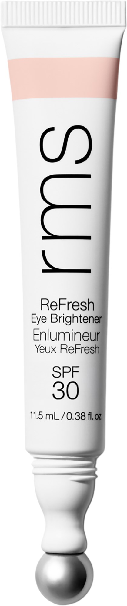 A white tube with pink and black text. It is labeled RMS ReFresh Eye Brightening Enlumineur SPF 30. Contains 11.5 ml.