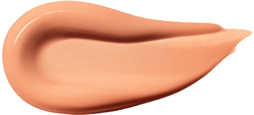 A beige cosmetic foundation in a curved shape with a hollow inside and a pointed end.
