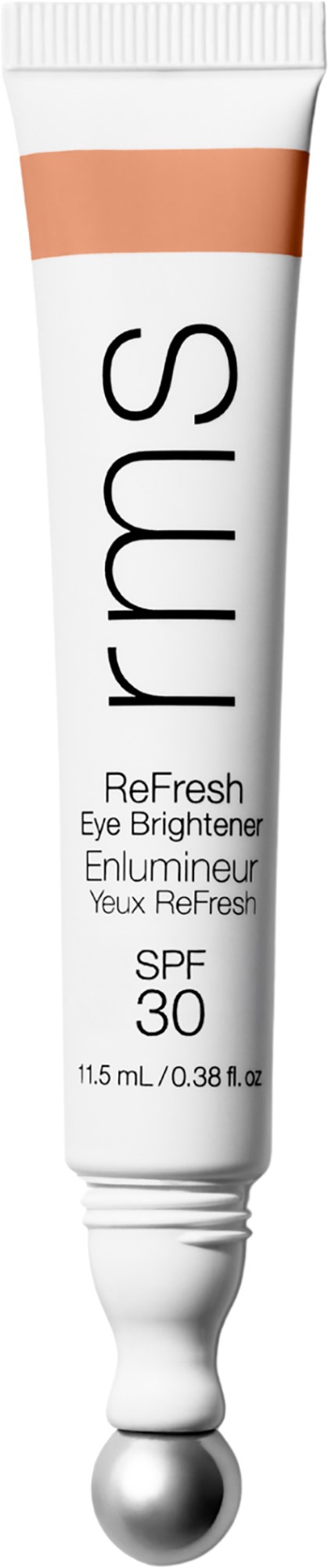 A white tube with a beige stripe on top and black text mentions eye brightening with SPF 30.