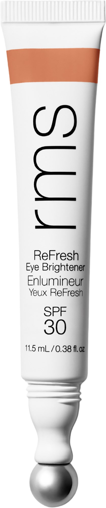 A tube of RMS ReFresh Eye Brightener with SPF 30, designed for brightening and hydrating the eye area.