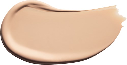 A beige liquid foundation swatch spread smoothly with a curved edge on a white background.