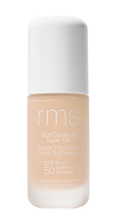 A bottle of RMS SunCoverup Super Tint SPF 50 sunscreen, beige-colored, with white cap.