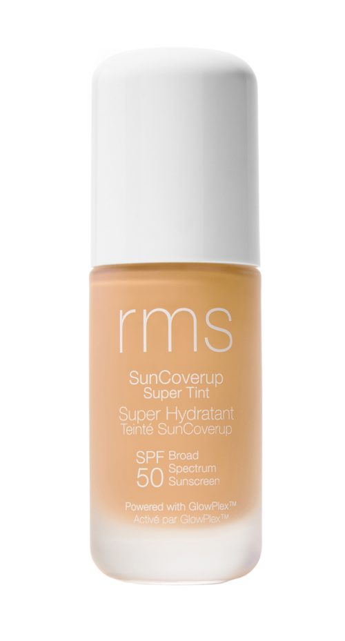 A small bottle of sunscreen with SPF 50, labeled 'rms SunCoverup Super Tint,' in light beige color.