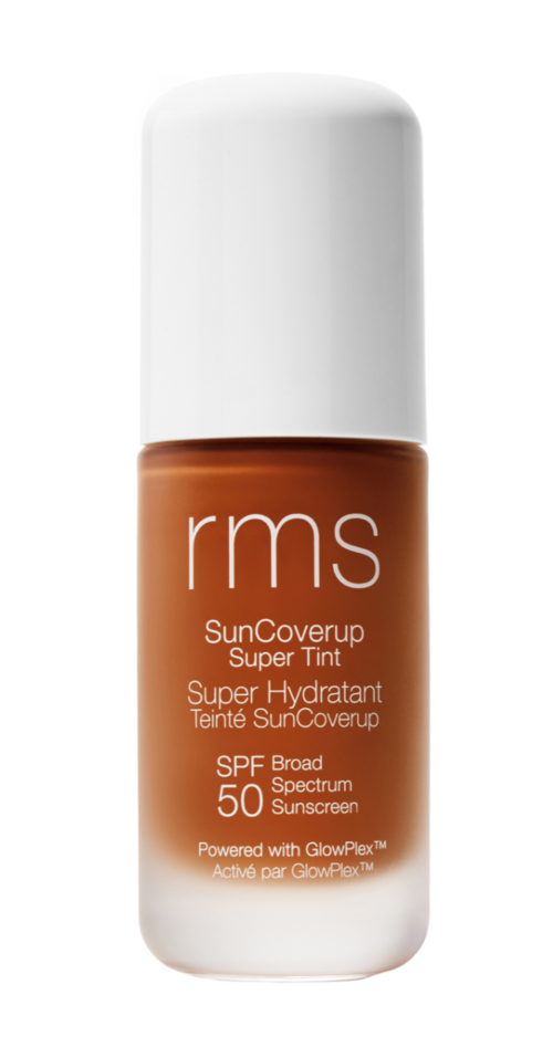 A brown sunscreen bottle with a white cap, labeled RMS SunCoverUp Super Tint SPF 50.