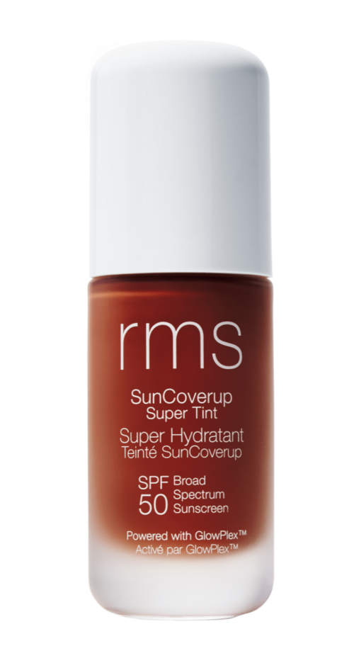 A bottle of RMS SunCoverup Super Tint with SPF 50, brown liquid, white cap, and white text.