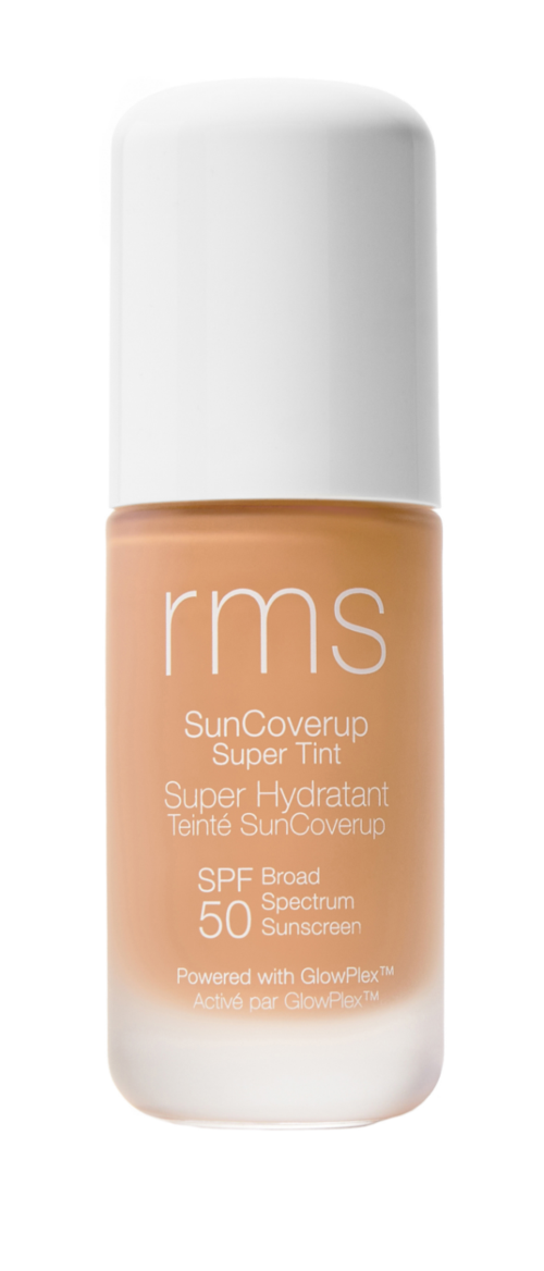 A beige cosmetic bottle with a white cap, labeled RMS SunCoverup SPF 50, for sun protection.