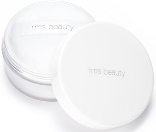 Två vita behållare med texten 'rms beauty' på locken, troligen för kosmetika eller hudvårdsprodukter.