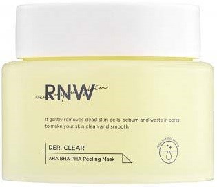 En hudvårdsburk märkta RNW Der. Clear AHA BHA PHA Peeling Mask, ljusgul behållare med vit lock.