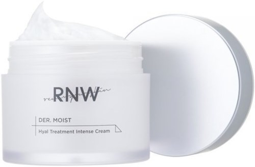 En vit burk med lock, märkt RNW Der. Moist Hyal Treatment Intense Cream, med kräm inuti.