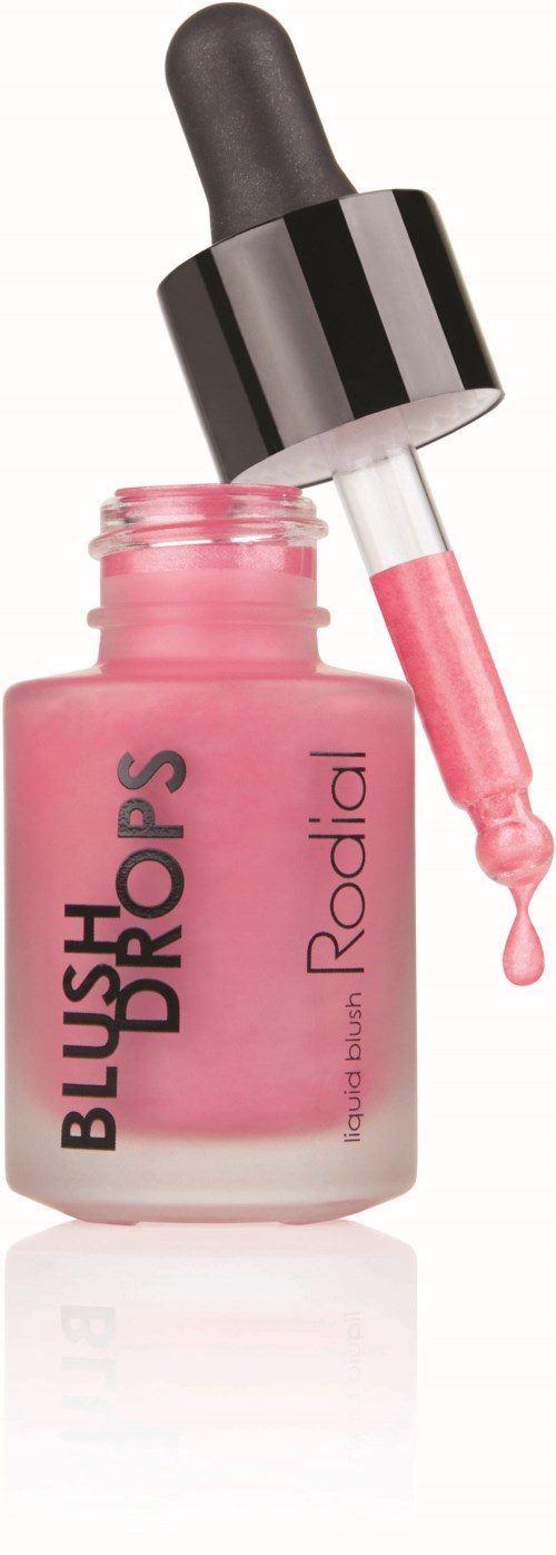 Roze vloeibare blush in een klein flesje met pipet, gemarkeerd "BLUSH DROPS Rodial."