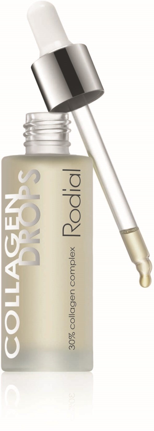 Butelka serum do skóry z kroplomierzem, oznaczona Collagen Drops, Radial, 30% kompleks kolagenowy.
