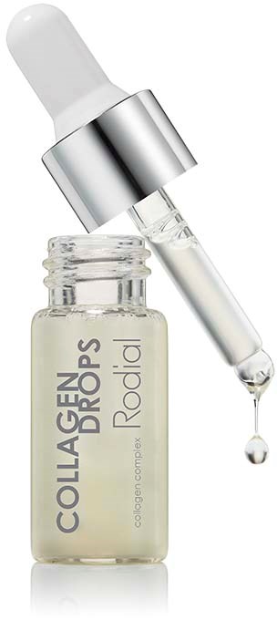 A small glass bottle labeled "Collagen Drops" with a dropper, showing a drop falling out.