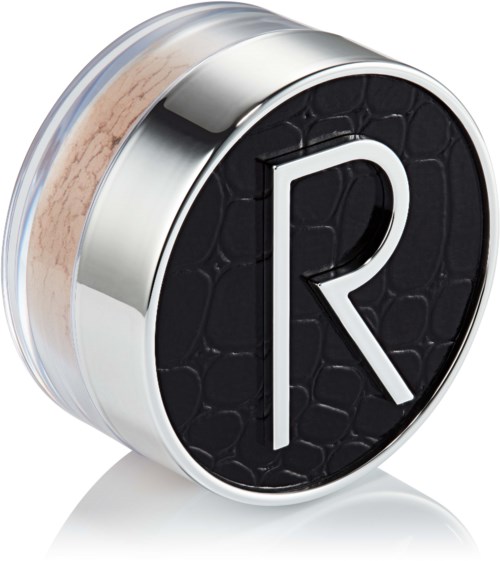 Een ronde container met een zwart deksel en een witte R op een getextureerde achtergrond.