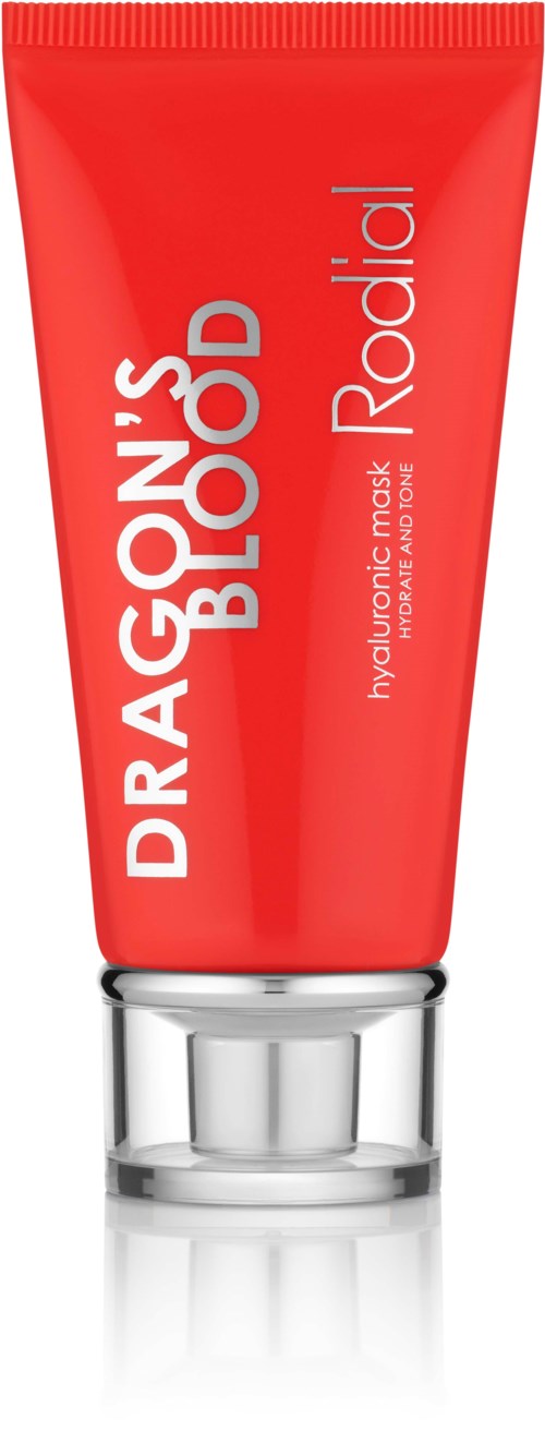 Röd tub med vit text för Dragon's Blood Hyaluronic Mask, avsedd för ansiktsvård.