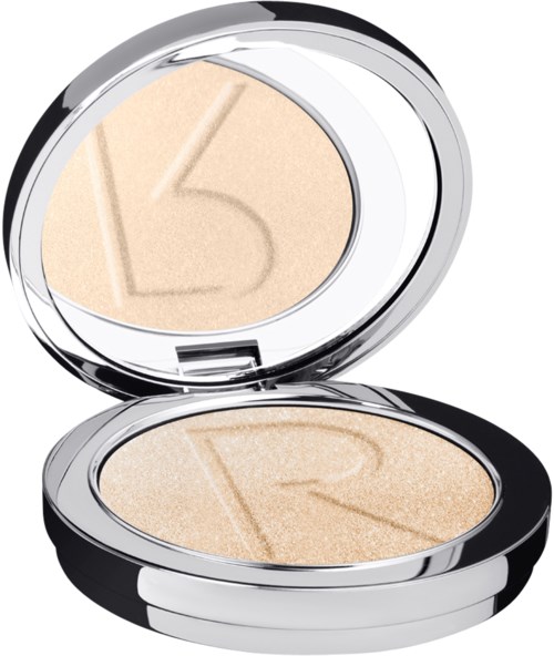 En liten platta med två nyanser av beige make-up, en större och en mindre, i ett glänsande silverfodral.