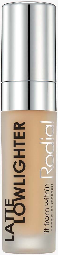 Mała butelka z beżowym płynem i srebrną nakrętką, z napisem "LATTE LOWLIGHTER" i "Radiance".
