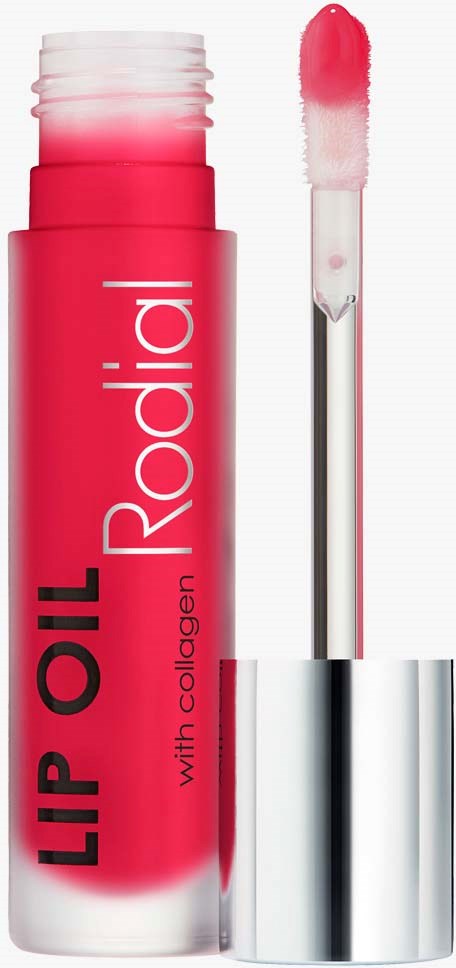 Pinkki huulten öljutikuva, jossa lukee 'Lip Oil RADIAL' ja avattu applikaattori, joka näyttää kiiltoa.