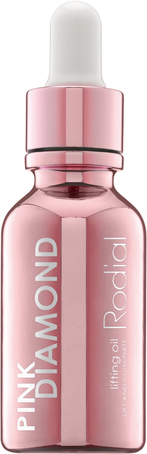 Liten rosa flaska med droppar, märkt 'Pink Diamond' och 'Lifting Oil.'