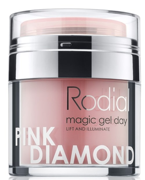 En rosa gel i en genomskinlig och silverbehållare märkt "Rodia magic gel day" och "Pink Diamond."