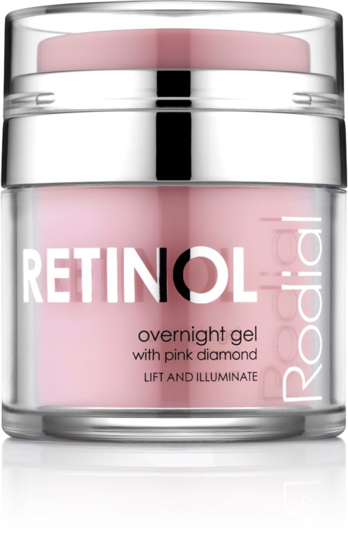 Een roze potje retinol nachtgel met een zilverkleurige deksel, bedoeld voor het liften en verhelderen van de huid.