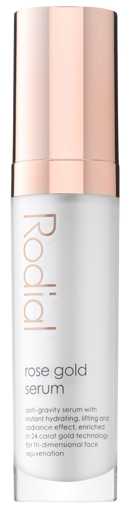 En vit flaska med en roséguldkork märkt 'Radiant rose gold serum' för hudvård.