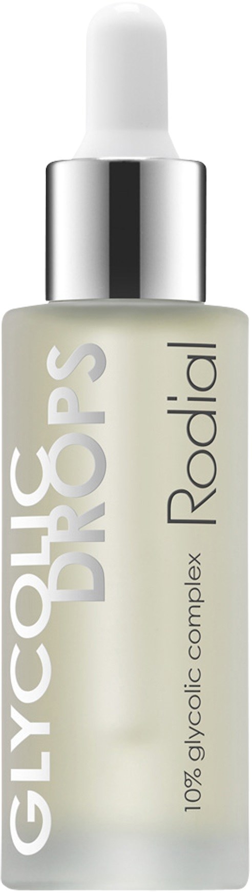 En liten flaske med pipette, merket 'Glycolic Drops, 10% glycolic complex, Rodiial.'