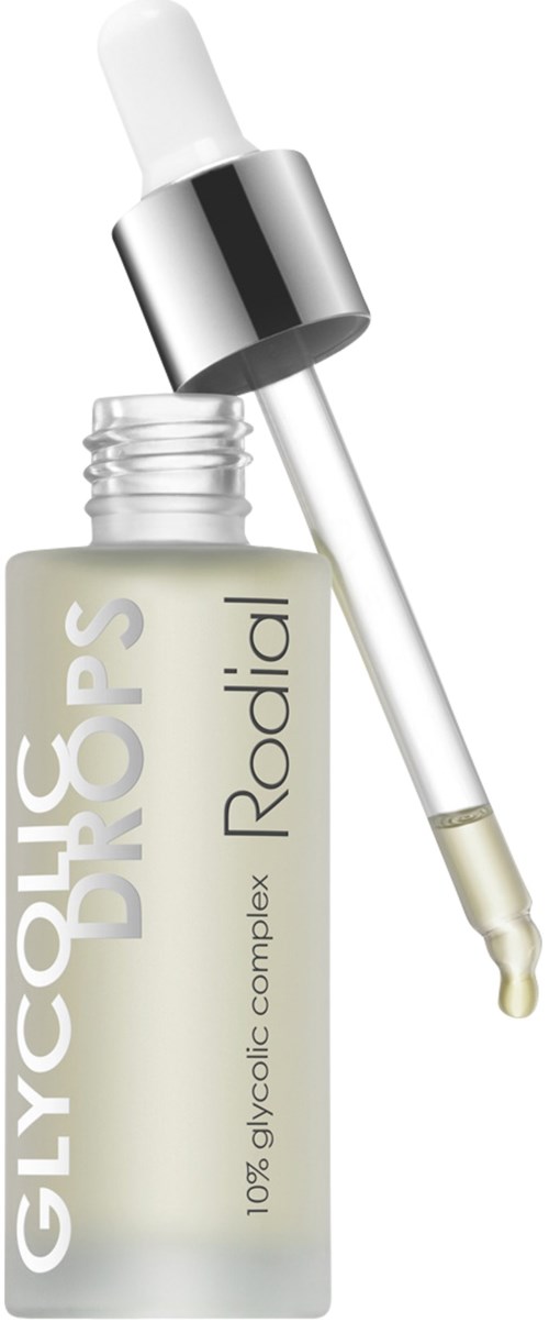 En liten flaske merket 'Glycolics Drops Radial' med pipettlokk, som inneholder en væske for hudpleie.