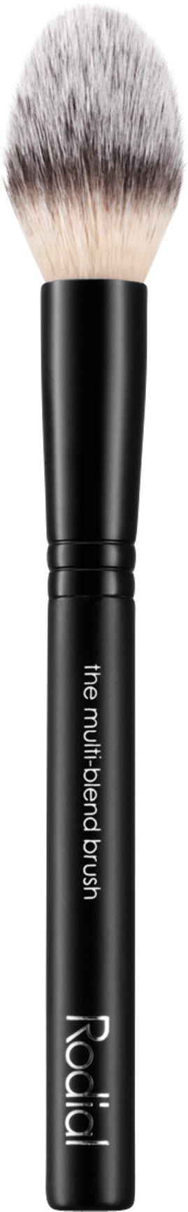En makeup-børste med sort håndtag, hvide og sorte børster, og mærkning der siger 'the multi-angled brush' og 'Rodoxi.'