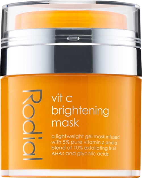 En liten orange burk märkt 'vit c brightening mask' med ett silverlock, innehållande en gel för hudblekning och peeling.
