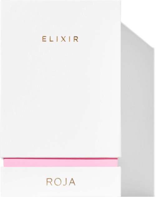 En vit låda med namnen "ELIXIR" och "ROJA" i guld och en rosa plastremsa nära botten.