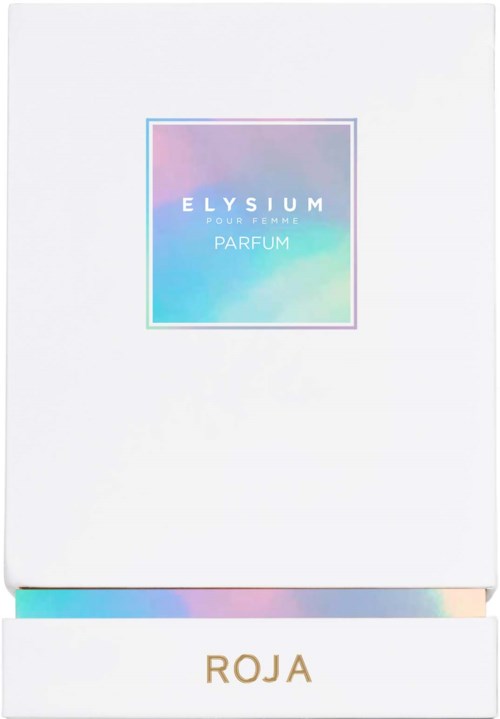 Valkoinen laatikko, jossa värillinen hologrammitarra, teksti 'ELYSIUM for women perfume' ja 'ROJA' alhaalla.
